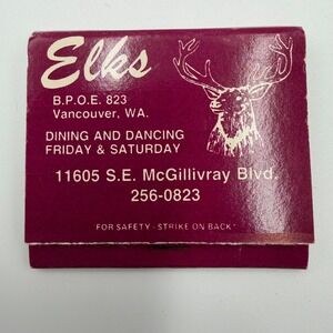 Vintage Elks Lodge BPOE 823 Vancouver WA Matchbook 11 O'Clock Toast Collectible